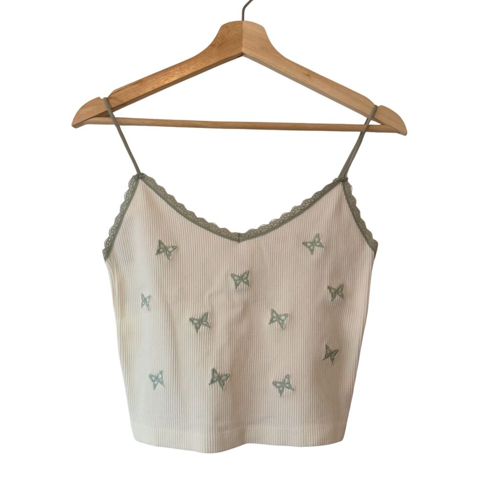 NWOT Y2K Soft Girl Coquette Ribbed Stretch Crop Cami Green Butterfly Lace L